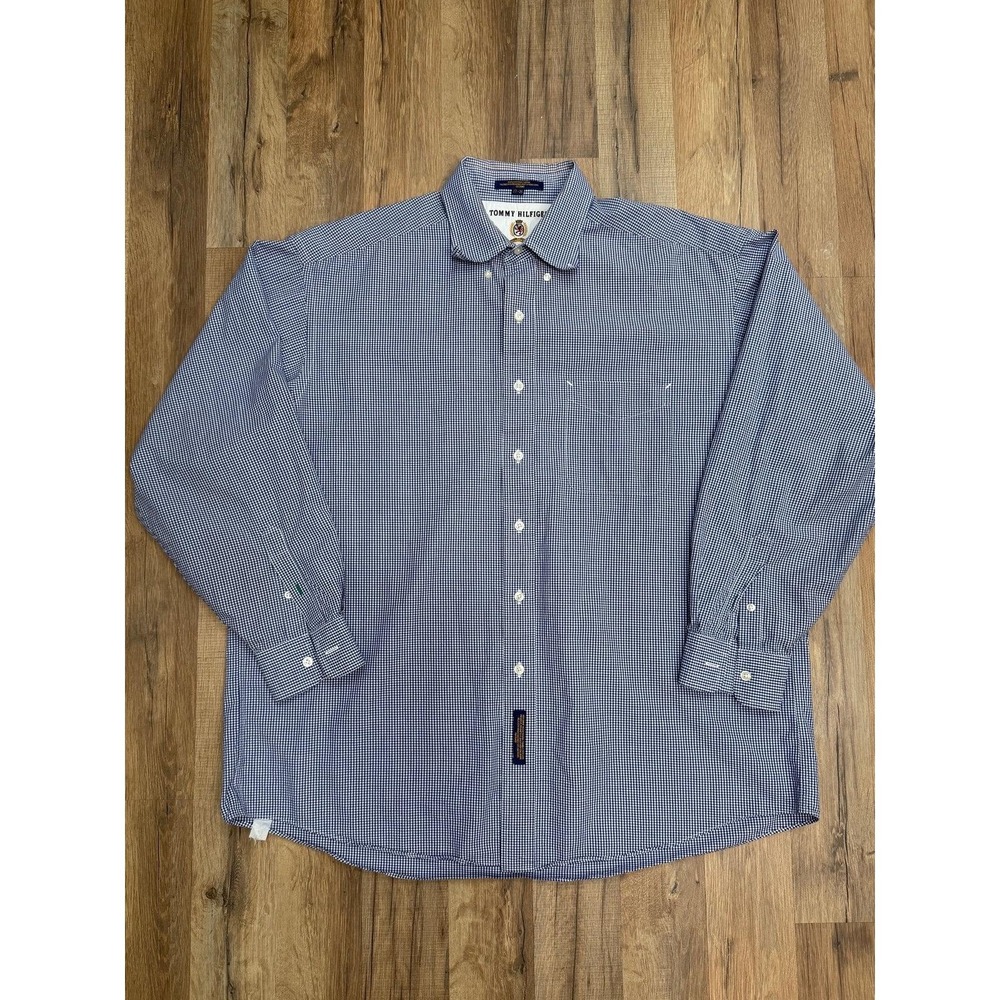 Vintage Tommy Hilfiger Blue Gingham Dress Shirt 17-35‎ Made in Hong Kong